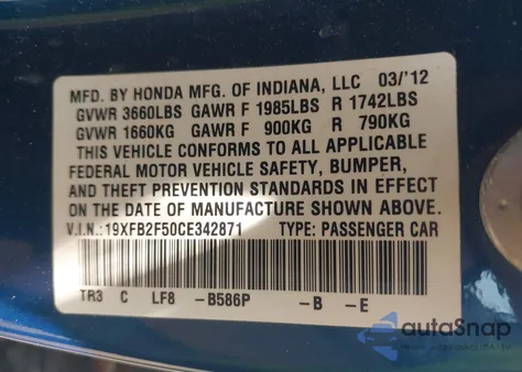 2012 Honda Civic Lx z USA, uszkodzony, nr VIN 19XFB2F50CE342871